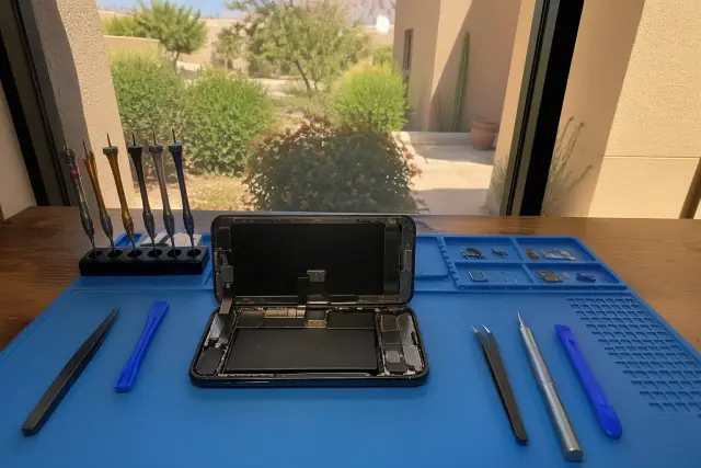 Open smartphone with exposed internal components and repair tools on a workstation in Paradise Valley, AZ.