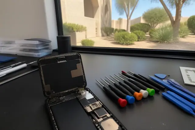 Opened smartphone with internal components and repair tools on a workstation at a shop in Glendale, AZ.