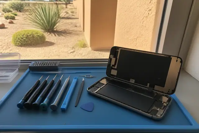 Open smartphone with internal parts on a repair workbench in Gilbert, AZ, with desert scenery visible through the window.