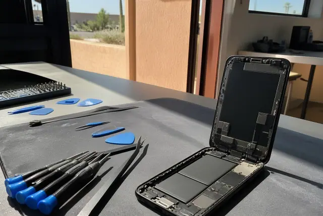 Smartphone with exposed internal components and repair tools on a workbench in Phoenix, AZ.