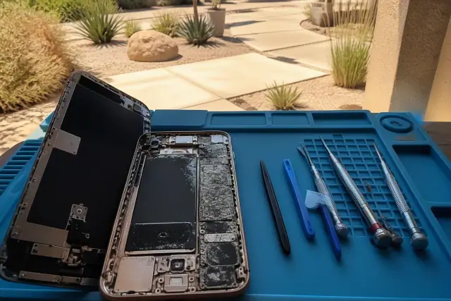 Smartphone with internal corrosion and repair tools on a workbench in Phoenix, AZ.