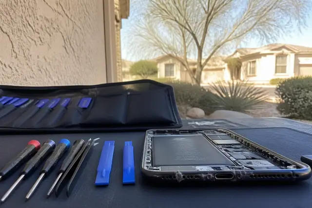 Smartphone with a lint-packed charging port and repair tools on a workstation in Phoenix, AZ.
