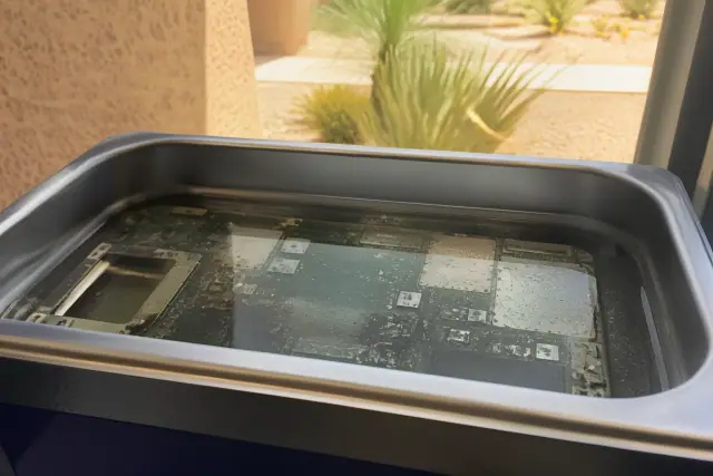 A tablet logic board submerged in an ultrasonic cleaning tank for liquid damage repair in Phoenix, AZ.