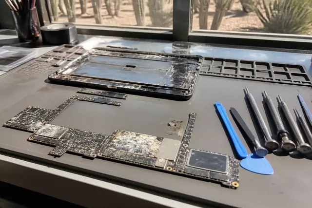 Opened smartphone with internal liquid damage and corroded logic board on a repair workbench in Phoenix, AZ.