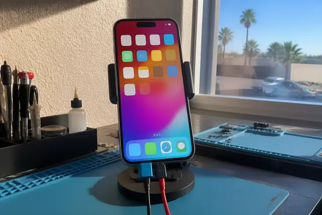 A smartphone displaying a functional screen after a repair at a workshop in Phoenix, AZ.