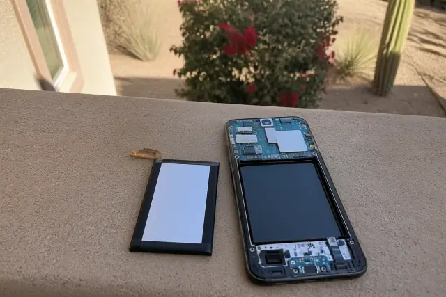Replacement phone battery next to an open device chassis during a repair in Phoenix, AZ.