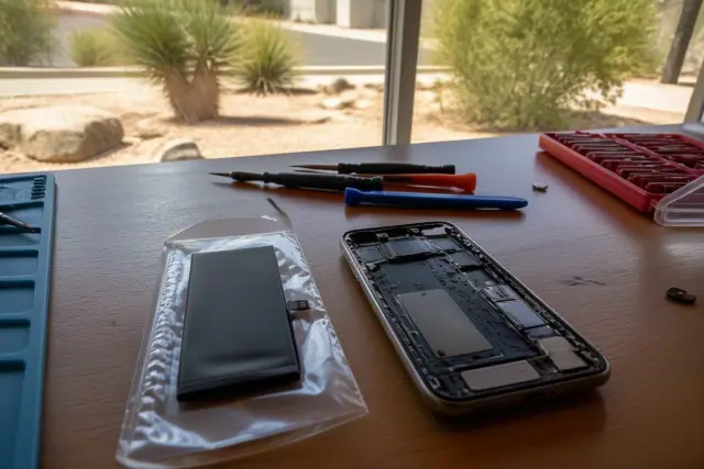 Replacement battery and open smartphone inside a repair workshop in Chandler, AZ.
