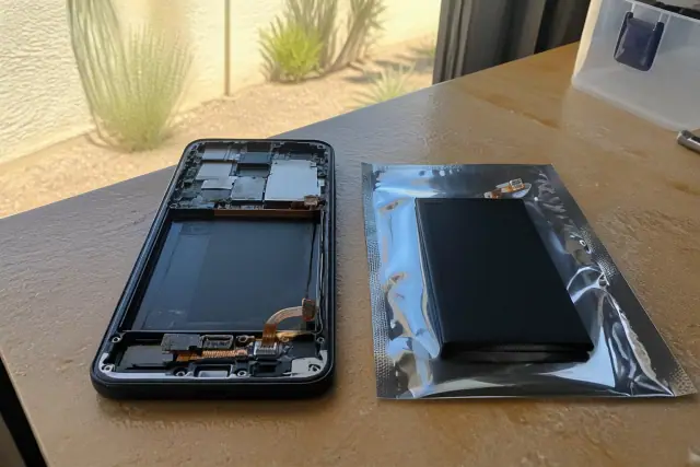 New replacement battery next to an open smartphone chassis in a repair workshop in Phoenix, AZ.
