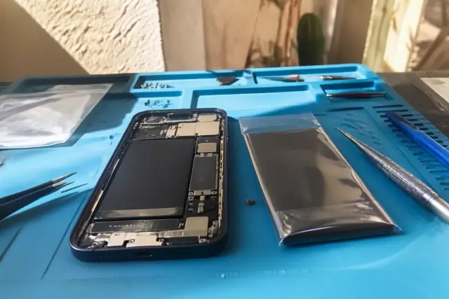 A smartphone battery replacement kit and open phone on a work mat in Phoenix, AZ.