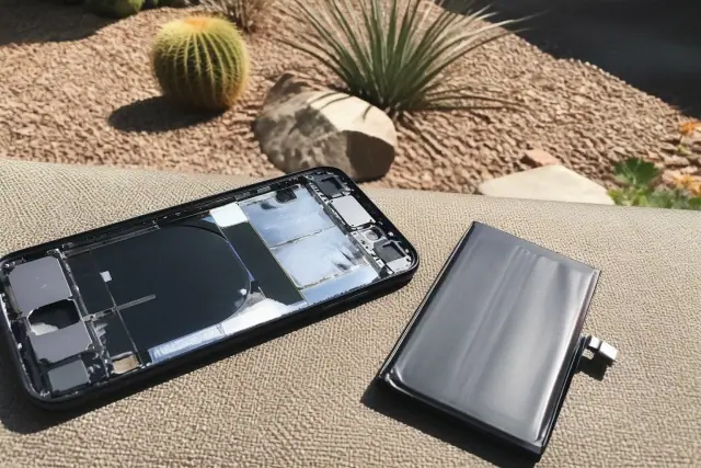 Smartphone repair technician replacing a battery in an open phone chassis outdoors in Scottsdale, AZ.