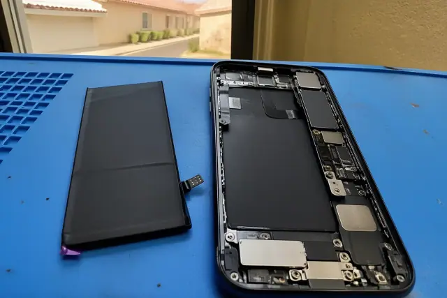 Replacement phone battery ready for installation next to an open device on a workbench in Glendale, AZ.