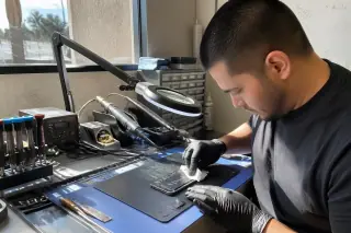 Technician cleaning a smartphone chassis on a workbench with precision tools in Phoenix, AZ.