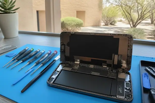 An opened smartphone with exposed internal components and repair tools on a workstation in Mesa, AZ.