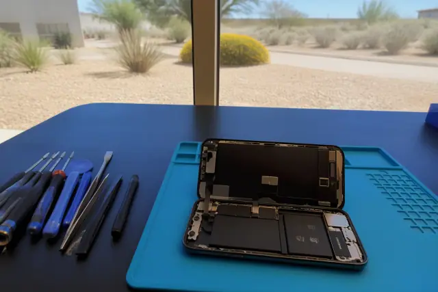 Technician repairing a smartphone at a workstation in Glendale, AZ with desert landscape visible through the window.
