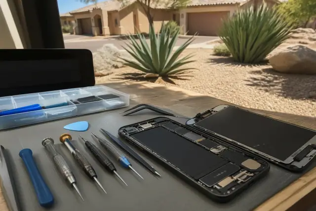Smartphone repair workstation with tools and an open phone in Gilbert, AZ.
