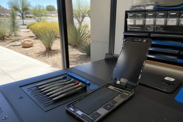An opened smartphone being repaired with professional tools on a workbench in Phoenix, AZ, with a view of desert landscaping.