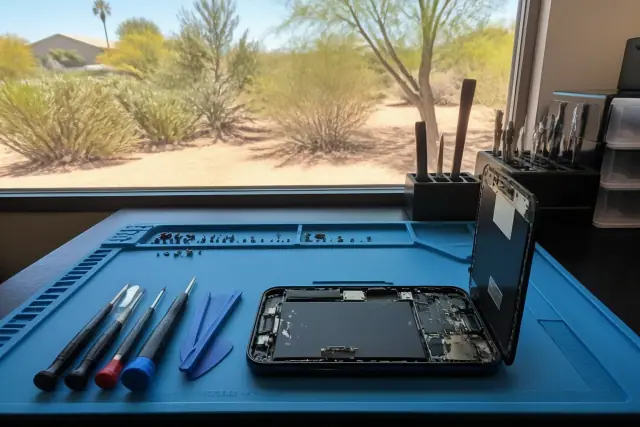 Smartphone disassembled for repair on a workbench in Tempe, AZ with tools and desert sunlight visible through a window.
