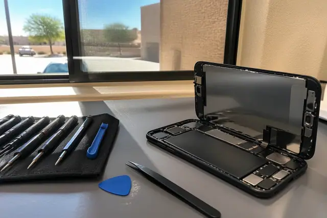 Professional phone repair in progress with tools on a workstation at a shop in Avondale, AZ.