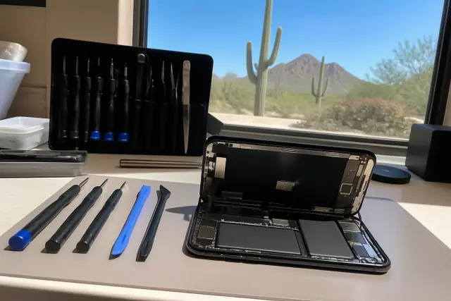Technician repairing an open smartphone with professional tools at a desk in Paradise Valley, AZ.