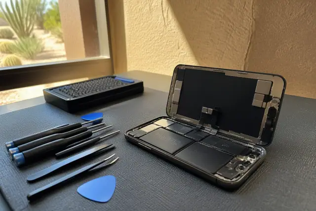 An open smartphone on a workbench with repair tools in a Scottsdale, AZ workshop.