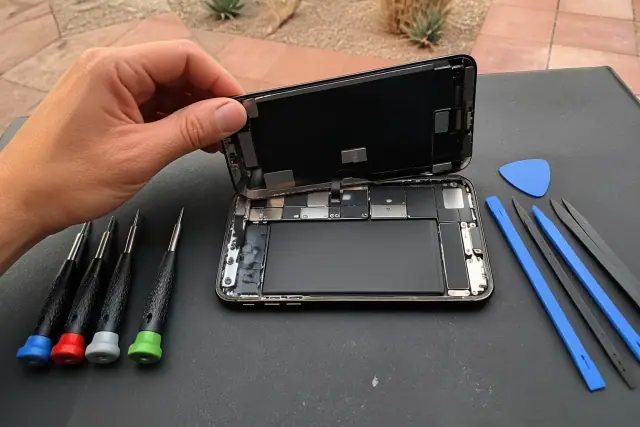 Technician performing a smartphone screen repair on an organized workstation in Peoria, AZ.