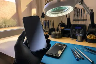 Repaired smartphone with a flawless screen on a workbench with a magnifying lamp in Phoenix, AZ.