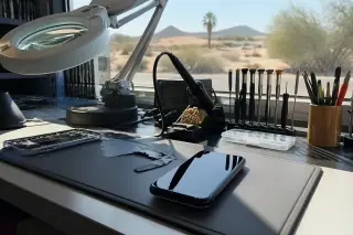 Fixed smartphone with a flush screen on a workbench with precision tools in Phoenix, AZ.