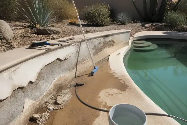Repairing pool and chlorinated water damage on a residential jobsite in Phoenix, AZ, under bright midday sun.