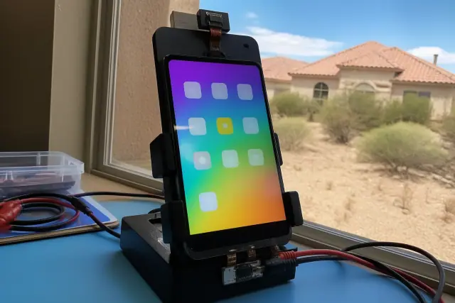 Smartphone undergoing post-repair calibration and testing on a workbench in Phoenix, AZ.