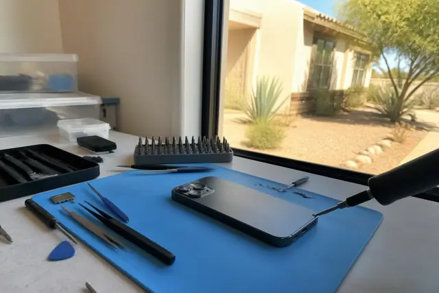Precision repair tools assembling a smartphone back glass in a Phoenix, AZ workshop with a window view of a desert yard.