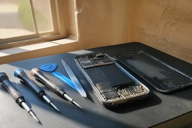 An opened smartphone with exposed internal components and repair tools on a workstation in Phoenix, AZ.