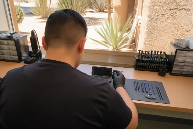 A technician repairing an opened smartphone on an organized workbench in Phoenix, AZ.
