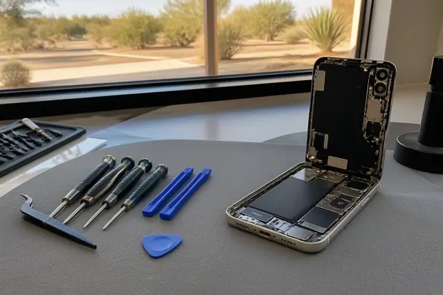 Smartphone undergoing back glass repair on a workbench in Phoenix, AZ, with tools and desert landscape visible.