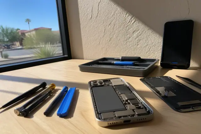 Internal components of an opened smartphone on a workbench during a repair in Phoenix, AZ.