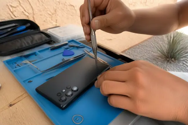 Technician pressing new back glass onto a Samsung phone at a workbench in Phoenix, AZ.