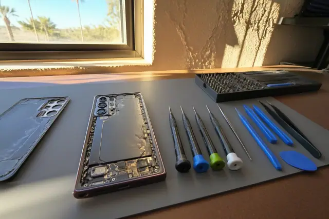 Technician repairing a smartphone with internal parts and precision tools on a workbench in Phoenix, AZ.