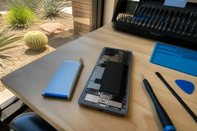 Samsung Galaxy battery and open phone chassis during a repair in Phoenix, AZ.