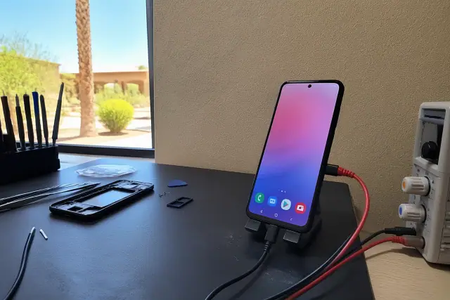 Samsung phone screen undergoing diagnostics on a workbench in Phoenix, AZ.