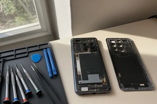 Opened smartphone with internal hardware exposed on a workbench during a repair in Phoenix, AZ.