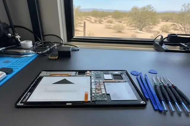 Opened Samsung tablet with internal parts and repair tools on a workstation in Phoenix, AZ.