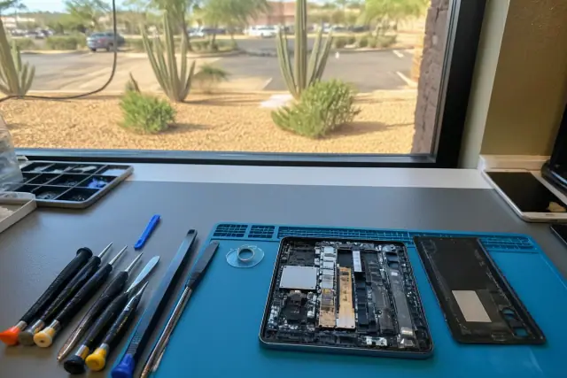 Open smartphone being repaired at a workbench with tools in Phoenix, AZ, with desert landscape visible through the window.