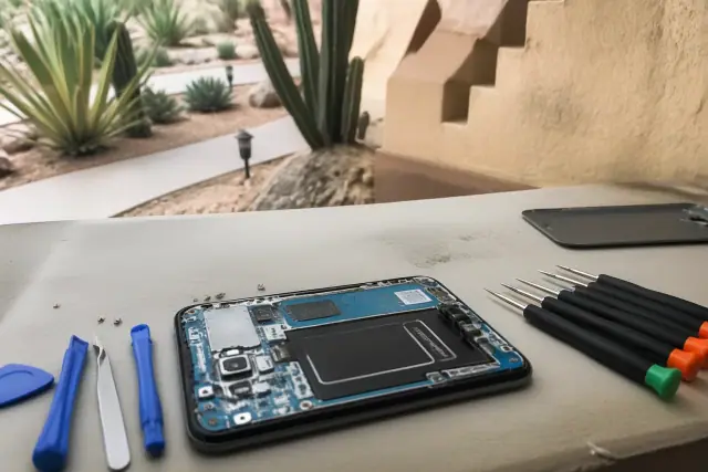 Opened smartphone with internal components and repair tools on a workstation in Scottsdale, AZ.