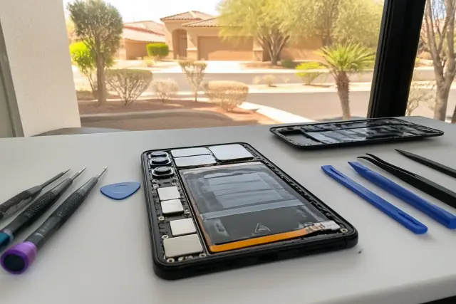 An opened Samsung smartphone being repaired with professional tools on a workstation in Peoria, AZ.