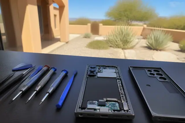An opened smartphone with internal components on a workbench in Goodyear, AZ, surrounded by professional repair tools.