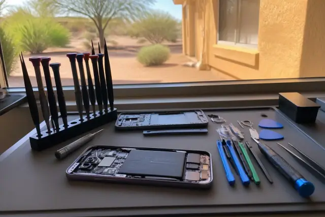 An opened smartphone with internal components on a workbench with repair tools, overlooking a desert landscape in Gilbert