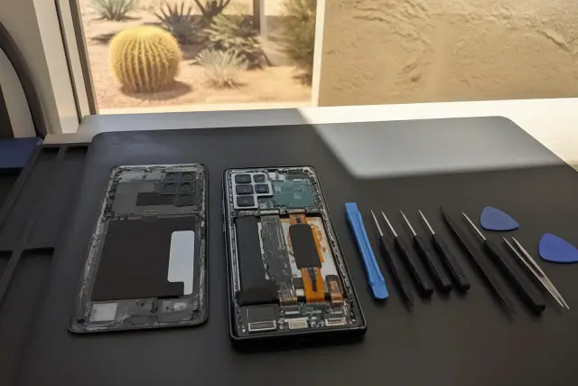 Open smartphone with visible internal circuitry on a workbench during a repair in Paradise Valley, AZ.