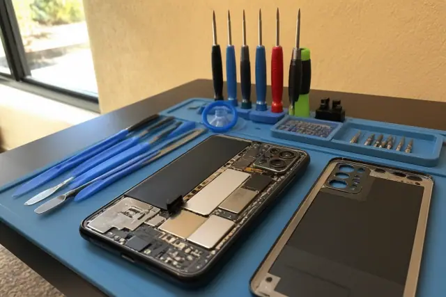An opened smartphone with internal components and precision repair tools on a workstation in Avondale, AZ.