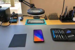 Reassembled smartphone with tools and a soldering station on a workbench in Phoenix, AZ.