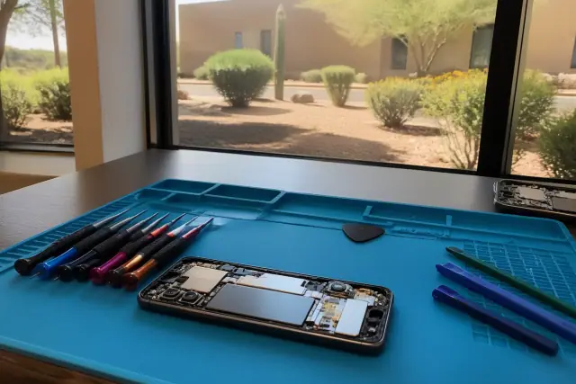 An opened smartphone with internal parts on a repair workbench in Phoenix, AZ, with a desert landscape in the background.