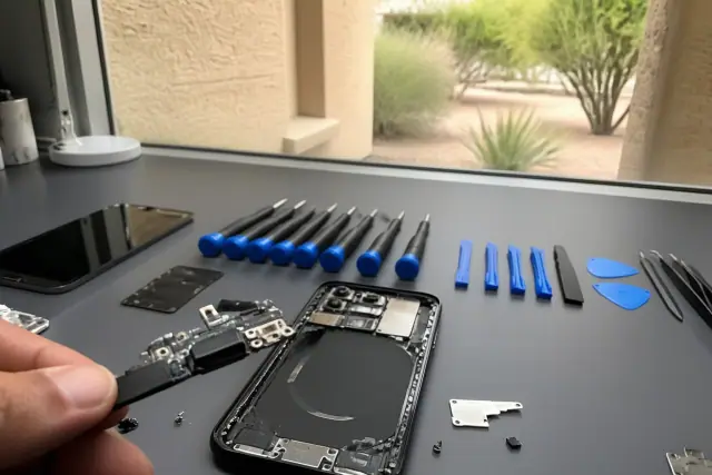 Smartphone with an exposed charging port and internal components on a workbench in a Phoenix, AZ repair shop.